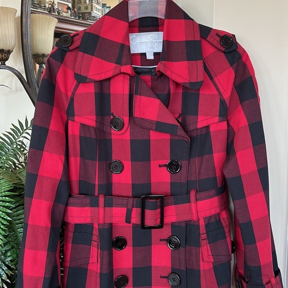 Jessica Simpson Buffalo Plaid Red Black Belted Coat Long Christmas Trench Jacket - Picture 7 of 15
